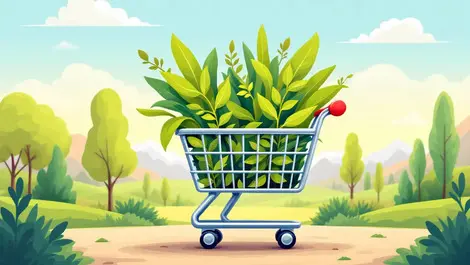 Eco friendly online shopping cart with plants leaves australian landscape