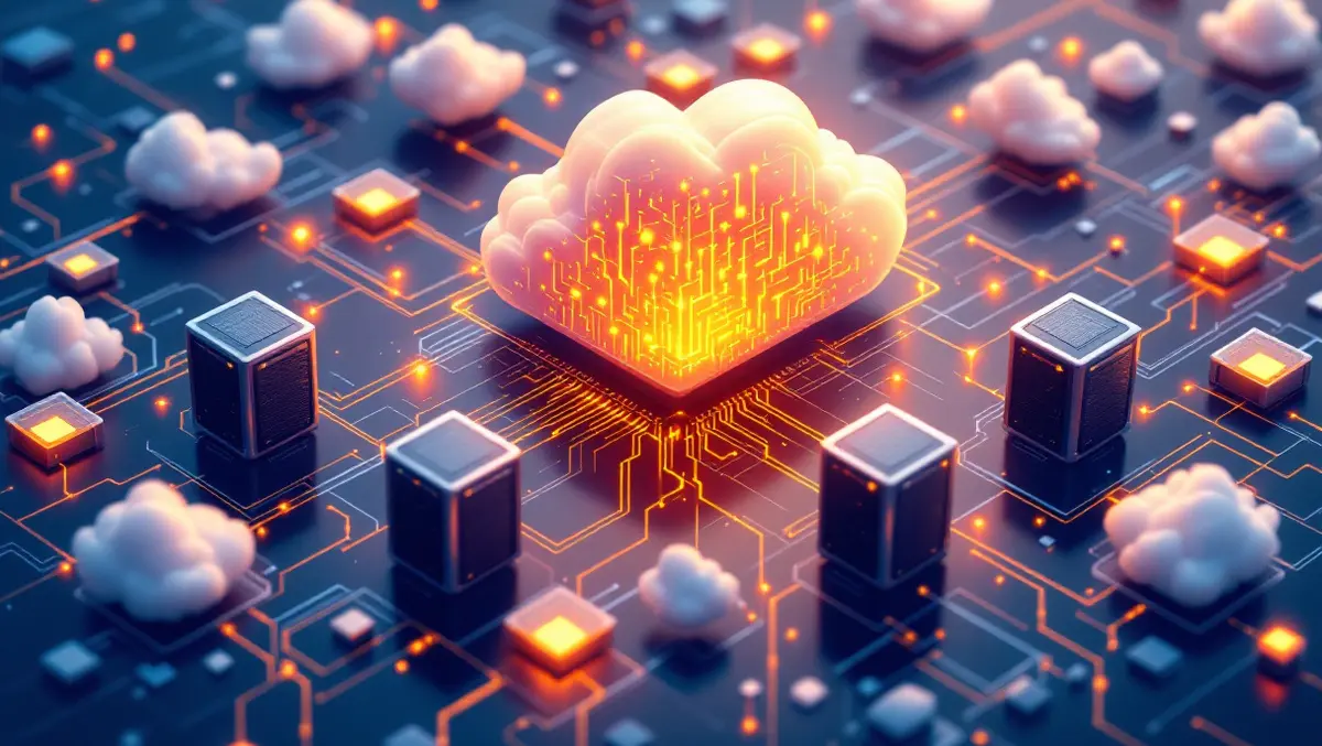 Detailed illustration cloud shaped structure surrounded by data centers servers network cables hybrid cloud it infrastructure
