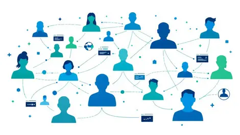 Interconnected digital user profiles network lines abstract human silhouettes online identity management