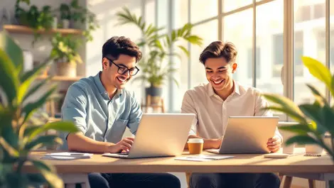 Happy small business owners singapore hong kong using laptops tablets bright office