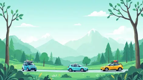 Eco friendly cars driving green landscape trees mountains new zealand green mobility