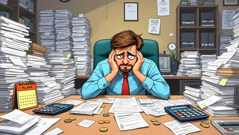 Stressed office worker piles paper payslips calculators calendar coins uk small business