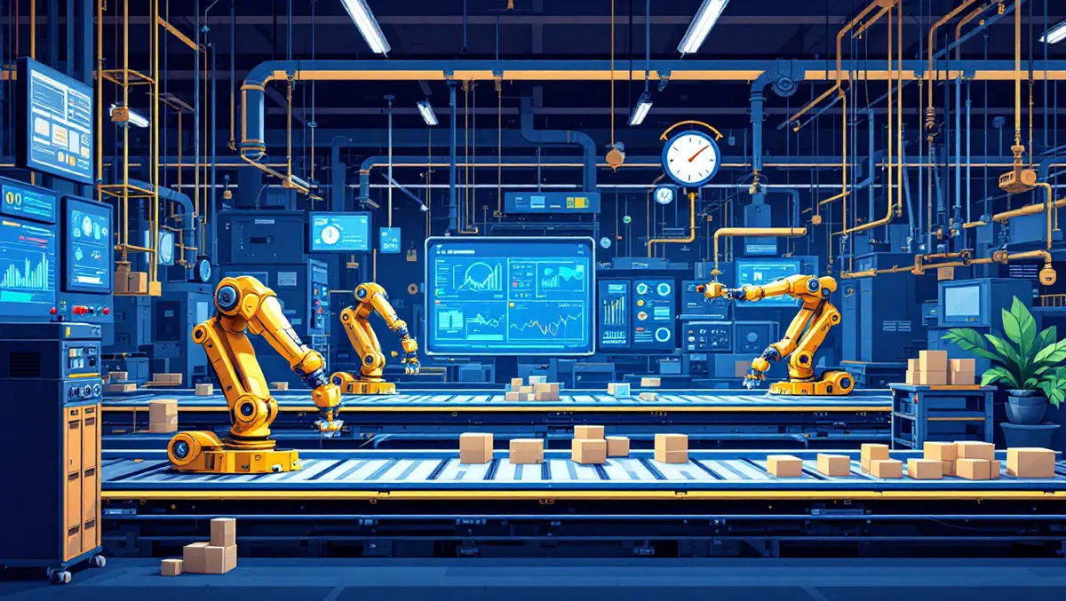 Modern factory floor robotic arms assembling products digital screens automation