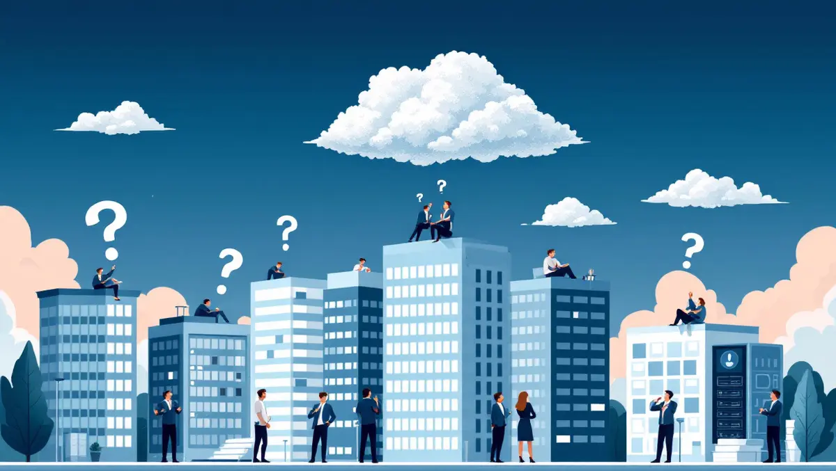 Cloud above modern office buildings puzzled frustrated businesspeople servers