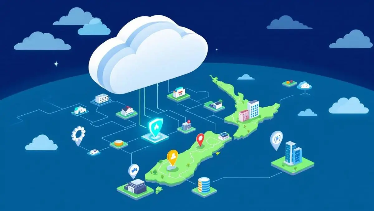 Modern cloud above new zealand map with data streams to hospitals schools businesses