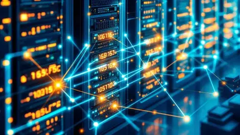 Interconnected server racks digital data flow blockchain networks high volume