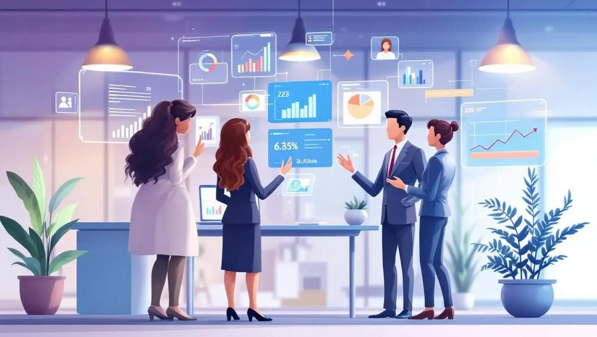 Realistic illustration business professionals interacting with digital interfaces showing graphs and data symbolizing ai enhancing sales marketing modern office