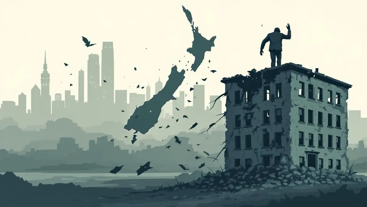 Illustration crumbling building new zealand symbol organizational decline financial distress muted colors