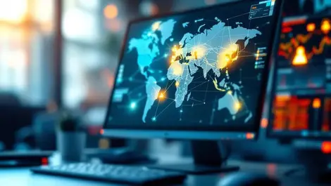 Computer screen map network connections warning markers cyber threat detection security operations center