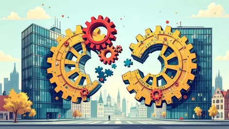Corporate office buildings european style merging gears puzzle challenges