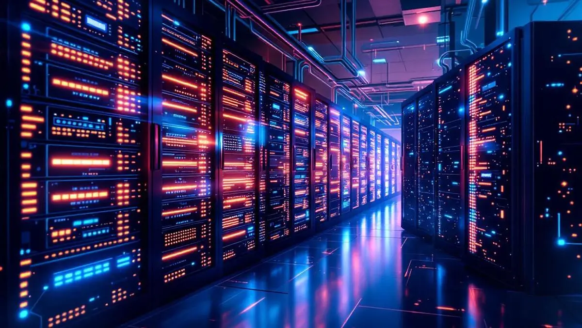 Realistic modern server room high tech hardware glowing processors interconnected cables