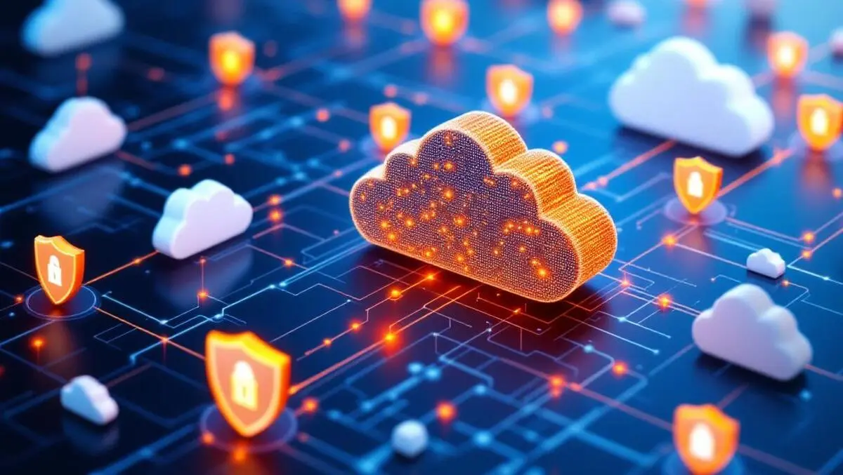 Interconnected cloud icons security shields network lines seamless protection