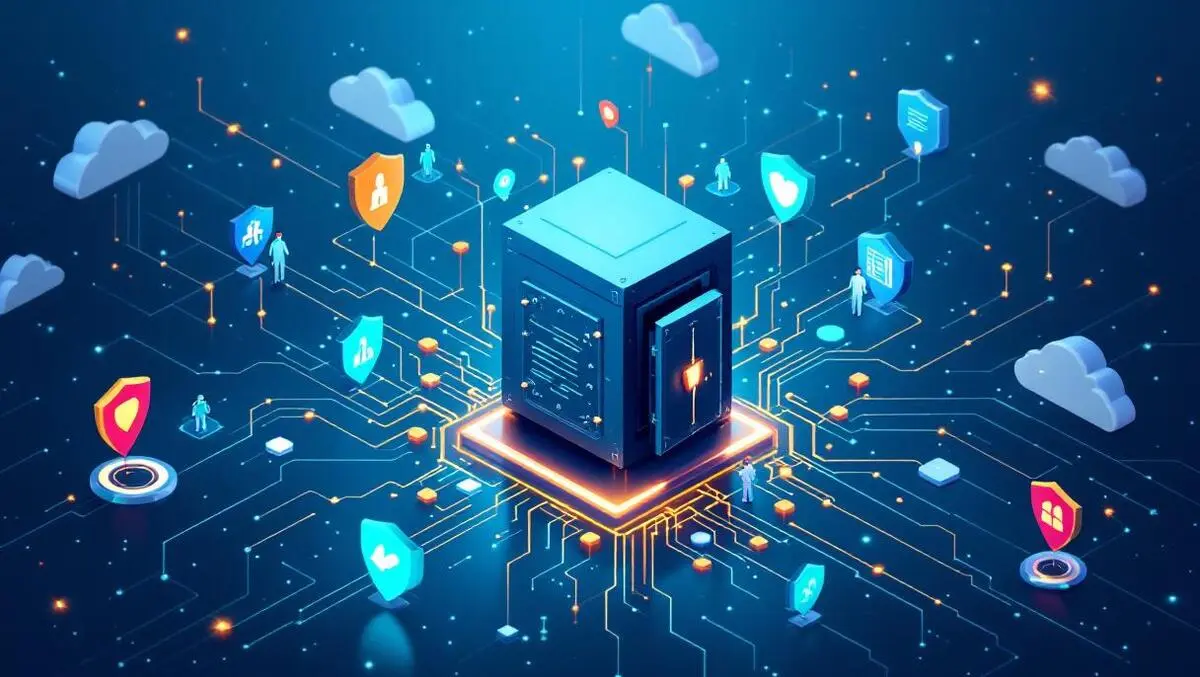 Secure digital vault shields cloud icons ai powered data protection