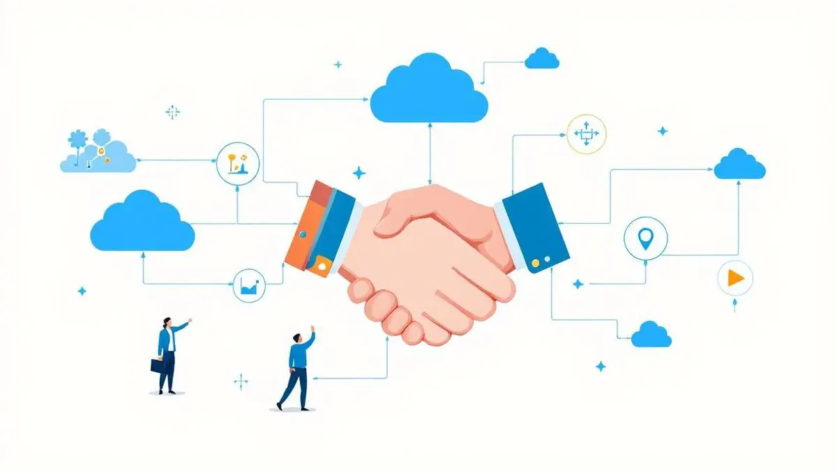 Interconnected cloud icons businesspeople handshake digital collaboration platform