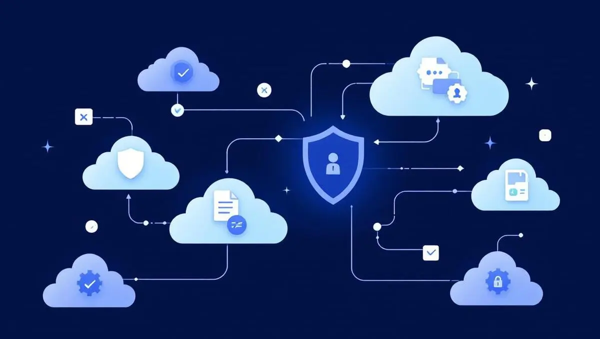 Interconnected clouds secure data symbols shield icons data files global data protection