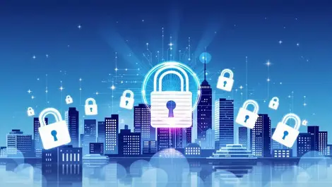 New zealand city skyline with digital padlocks shields cybersecurity protection business data