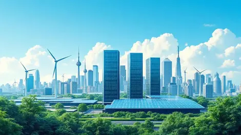 Modern data centers asia pacific city skyline solar wind greenery