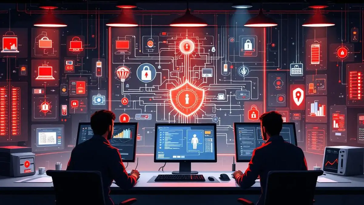 Detailed iot network room high risk devices red highlighted security monitors