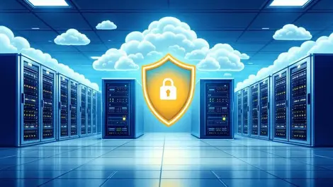 Secure data center room realistic illustration servers clouds shield icon