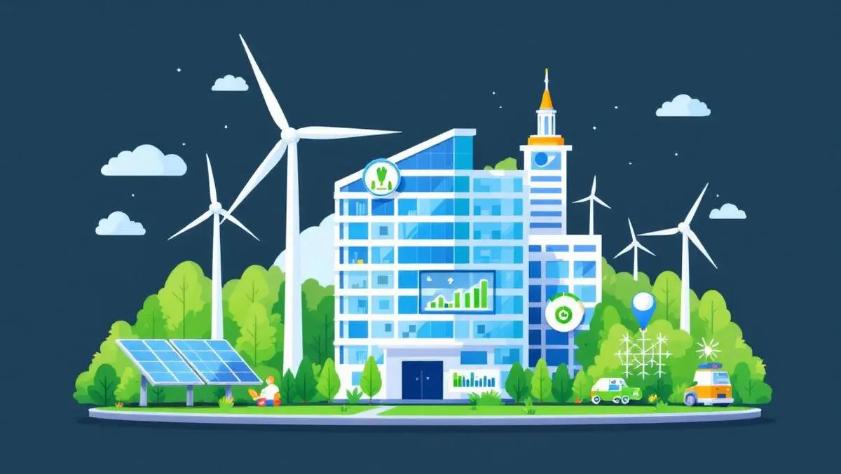 Office building australia new zealand wind turbines solar panels digital dashboard green energy