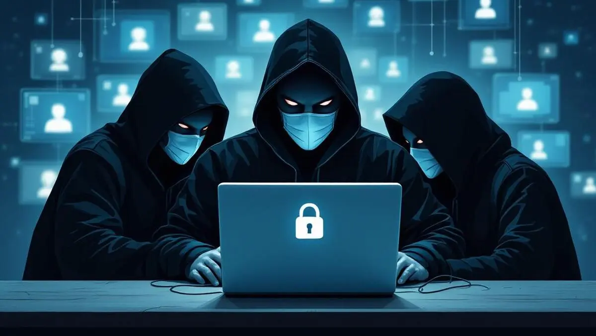 Realistic illustration cyber intrusion digital locks shadowy figures masks east asian facial features