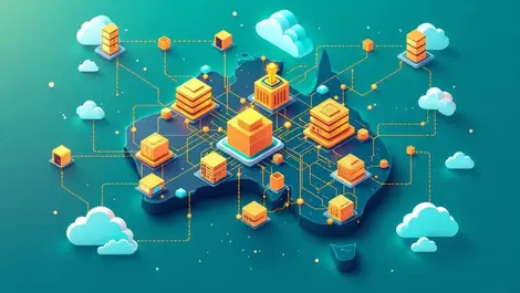 Interconnected data servers cloud icons map australia new zealand ai data management