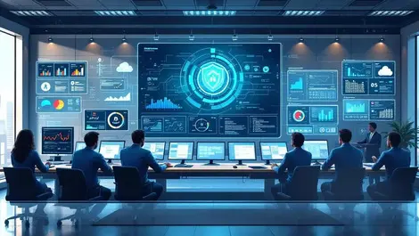 Modern security operations center analysts monitoring digital dashboards advanced technology cloud integration usa