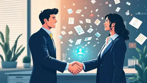 Business professionals handshake office digital documents insurance knowledge management