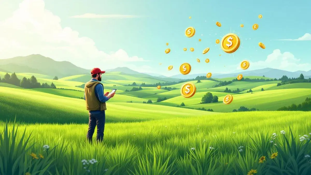 New zealand farmer smartphone digital money growth green farm field hills