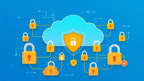 Digital illustration interconnected cloud shields users secure locks data security cyber protection identity resilience
