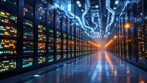 Modern data center huge rows server racks glowing lights advanced cooling