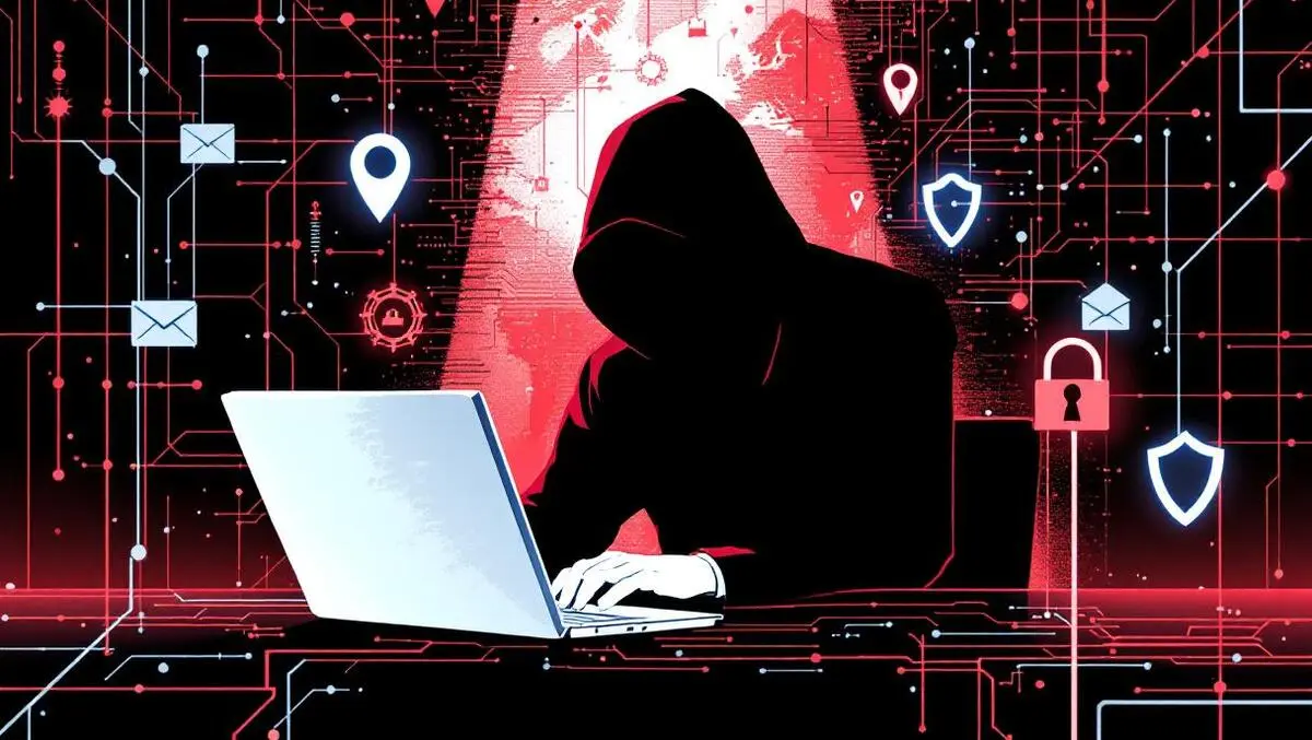 Shadowy figure computer digital network lines abstract data streams cyber espionage security threats