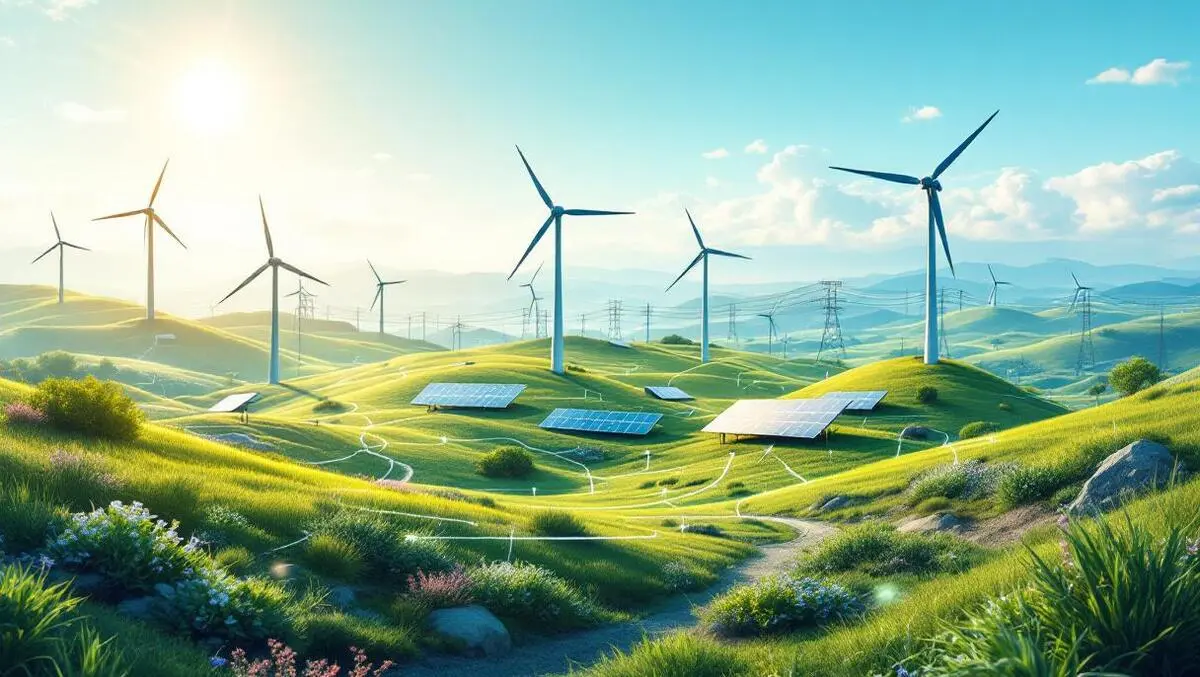 Solar panels wind turbines electric grids digital data flow energy innovation