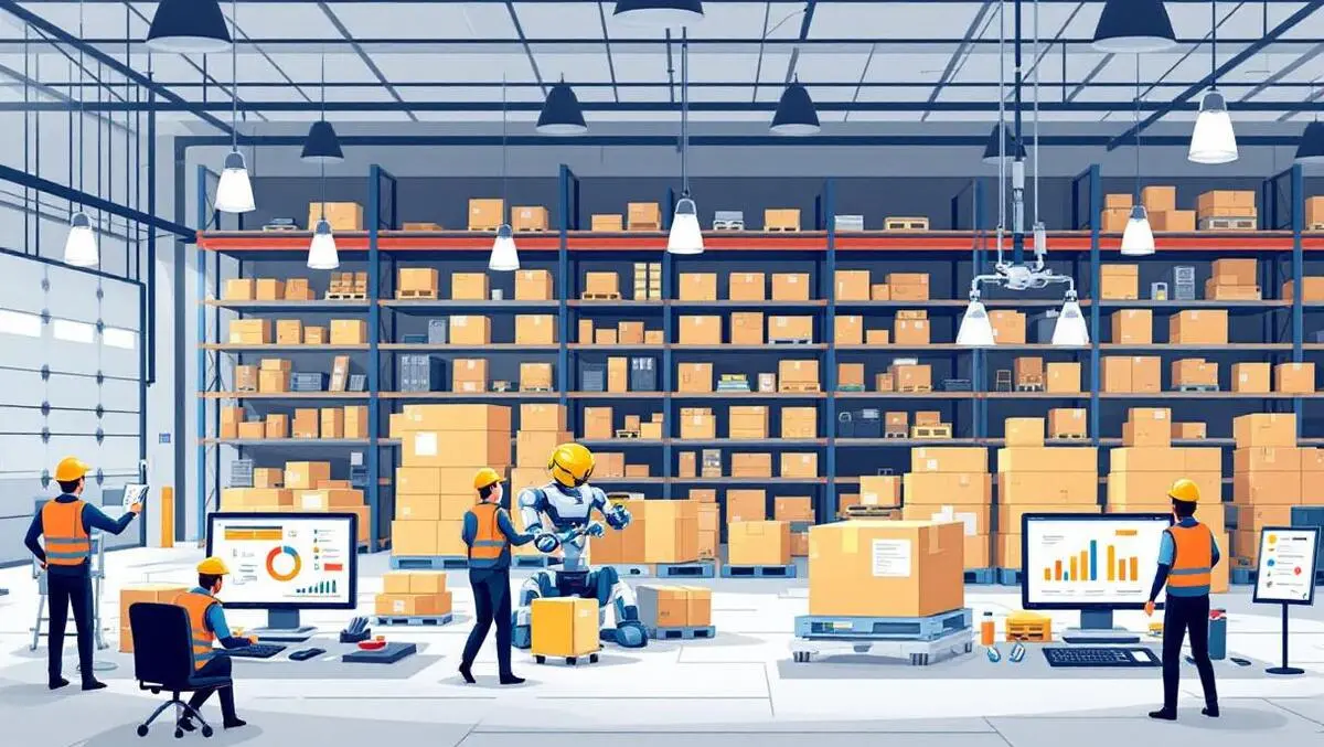 Warehouse with busy workers automated robots moving boxes and computers displaying charts increased efficiency anz business