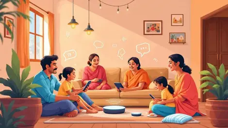 Indian family rural home voice activated smart device multigenerational interaction