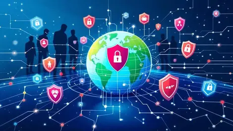 Global digital security globe with shields locks and cybercriminals network