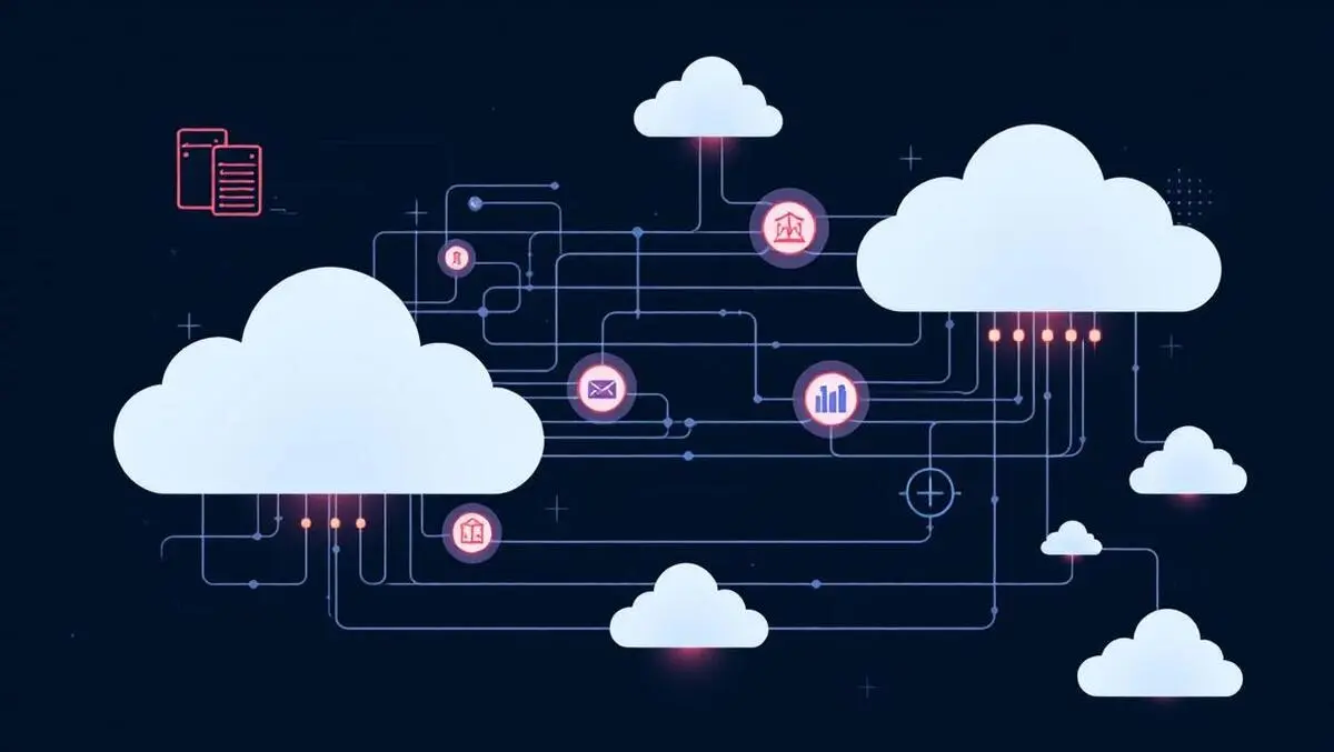 Interconnected data centers cloud icons digital data streams hybrid cloud management