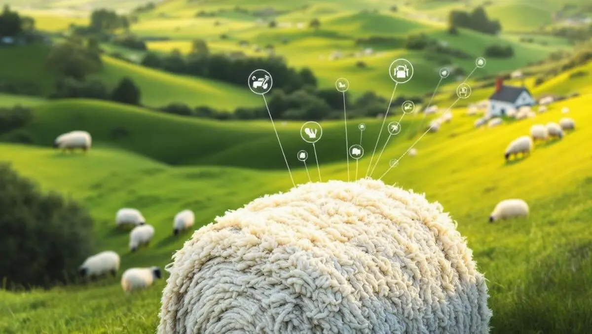 Digital traceability wool bales to sheep new zealand farmland illustration