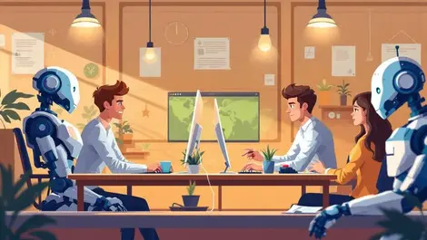 Australian office young employees working with robots collaboration stress