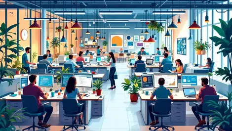 Bustling open plan australian tech office professionals collaborating