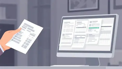 Realistic hand feeding paper receipts into computer transforming to spreadsheet nz office
