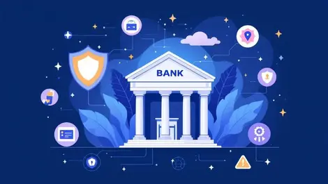 Traditional bank building digital elements wallet icons security fraud alerts