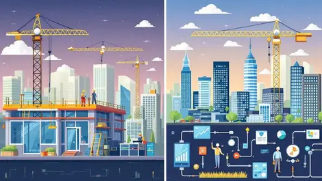 Construction site cranes workers cityscape modern buildings digital tech uk budget impact