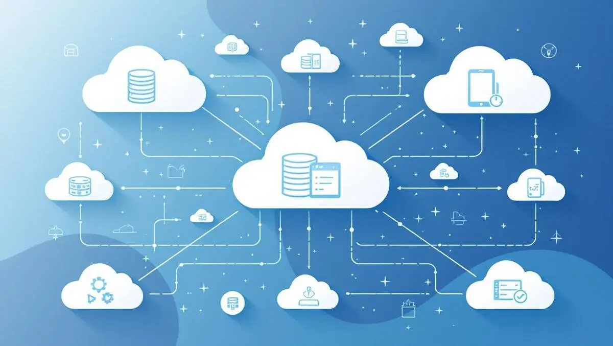 Illustration interconnected cloud icons databases network pathways cloud data management