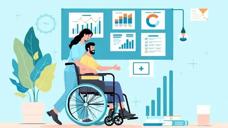 Australian healthcare worker helping wheelchair user organized charts financial documents claims compliance