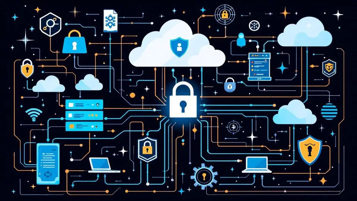 Detailed illustration computer network servers devices cloud locks shields ai security