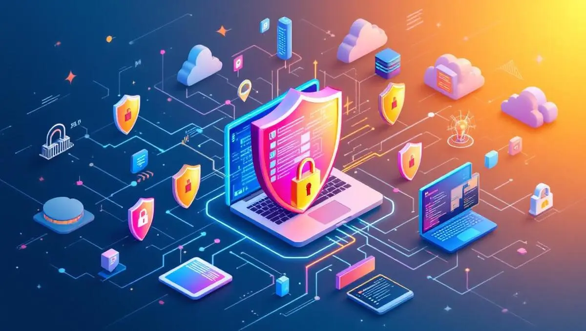 Computer network multiple digital shields abstract automated security icons vigilant monitoring cyber defense