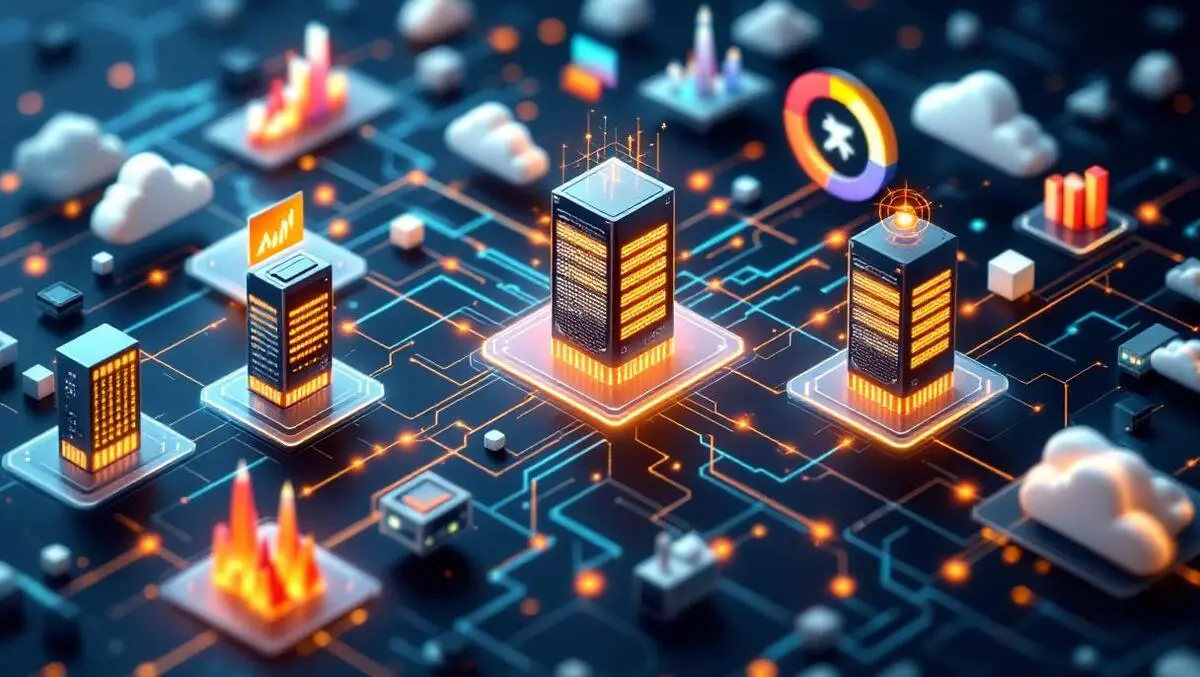 Interconnected cloud servers computer networks glowing connections digital analytics symbols it infrastructure monitoring