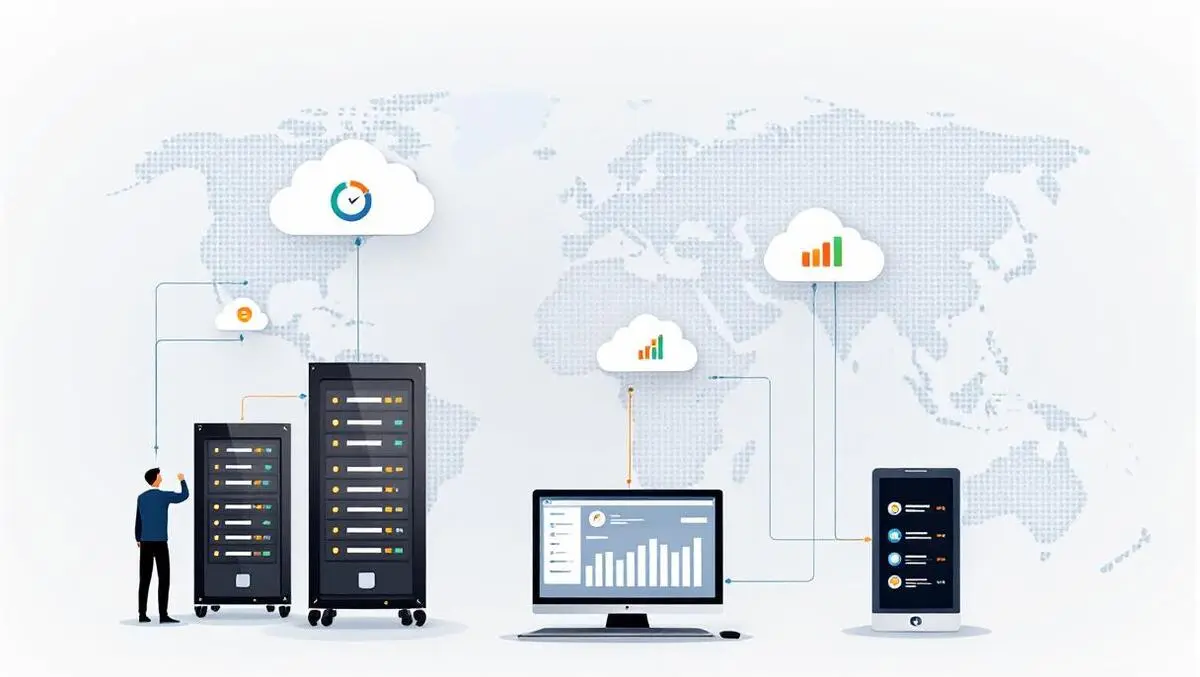 Realistic illustration cloud icons connected servers computer screens analytics world map global reach digital connectivity