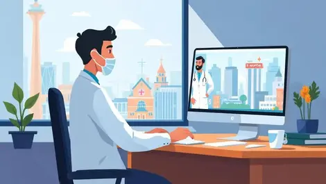 Doctor video call hospital specialist medical office greater manchester cityscape